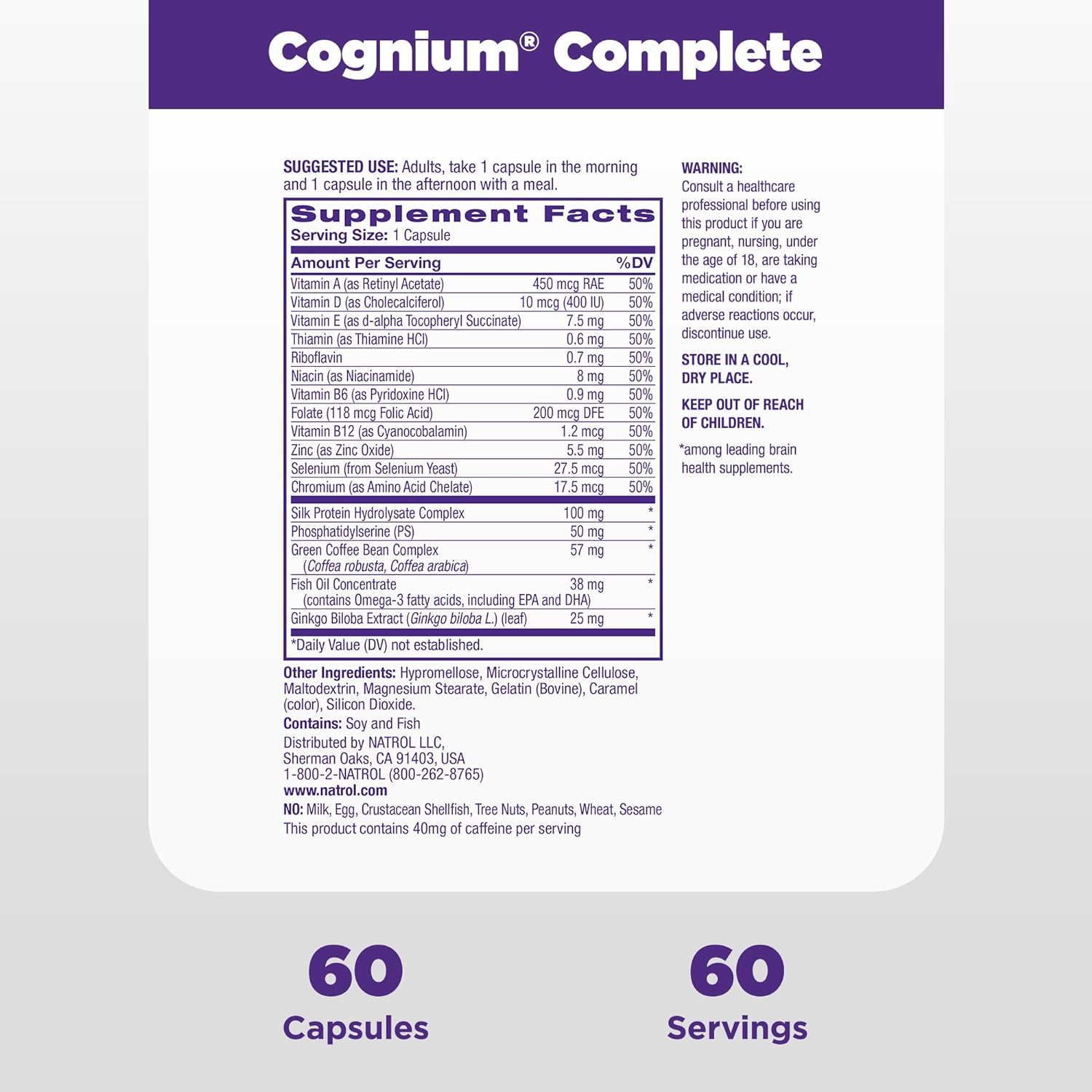 Natrol Cognium Complete, Dietary Supplement for Brain Health, Brain Health Supplements for Adults, 60 Capsules, 30 Day Supply : Health & Household