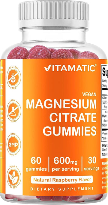 Vitamatic Magnesium Citrate Gummies 600mg per Serving - 60 Vegan Gummies - Promotes Healthy Relaxation, Muscle, Bone, & Energy Support (60 Gummies (Pack of 1))
