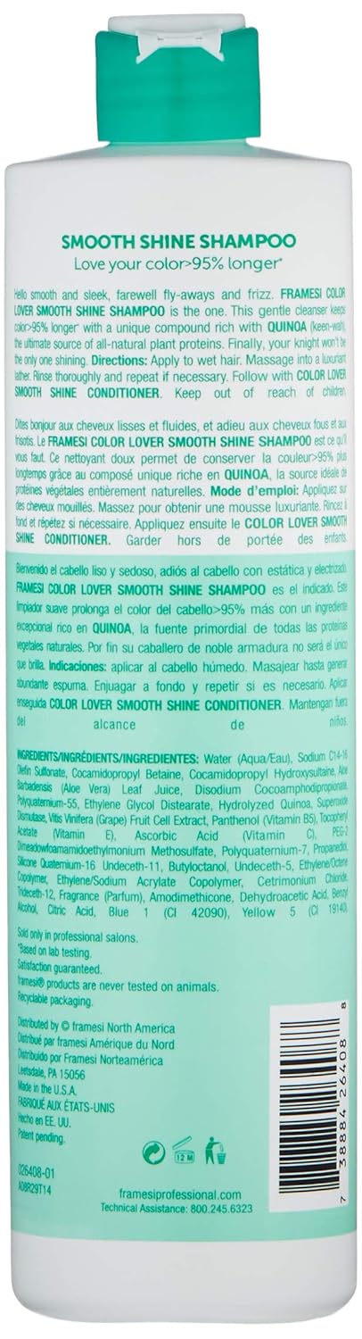 Framesi Color Lover Smooth Shine Shampoo, Sulfate Free Shampoo With Quinoa And Aloe Vera, Color Treated Hair