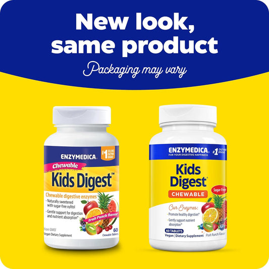 Enzymedica Kids Digest, Chewable Digestive Enzymes, Natural Fruit Punch Flavor, 60 Servings