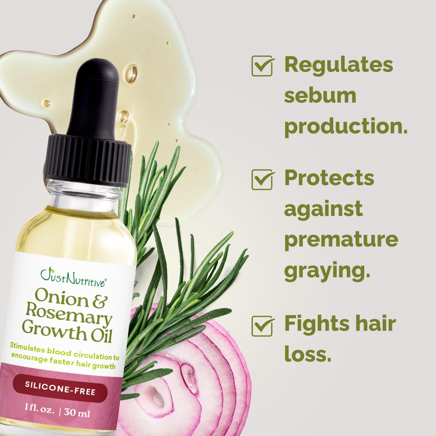 Just Nutritive Rosemary & Onion Hair Growth Oil Treatment For Thinning, Breakage, Scalp Health, Collagen Boost, Antioxidants, Omega-3 & 6 Fatty Acids For Stronger, Thicker Hair - 1 Oz : Beauty & Personal Care