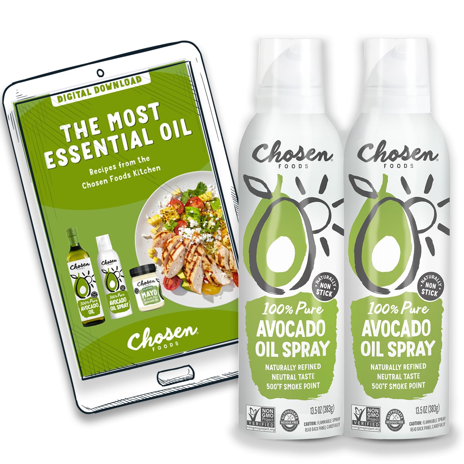 Chosen Foods 100% Pure Avocado Oil Spray, Keto And Paleo Diet Friendly, Kosher Cooking Spray For Baking, High-Heat Cooking And Frying (13.5 Oz, 2 Pack) + Digital Recipe Book