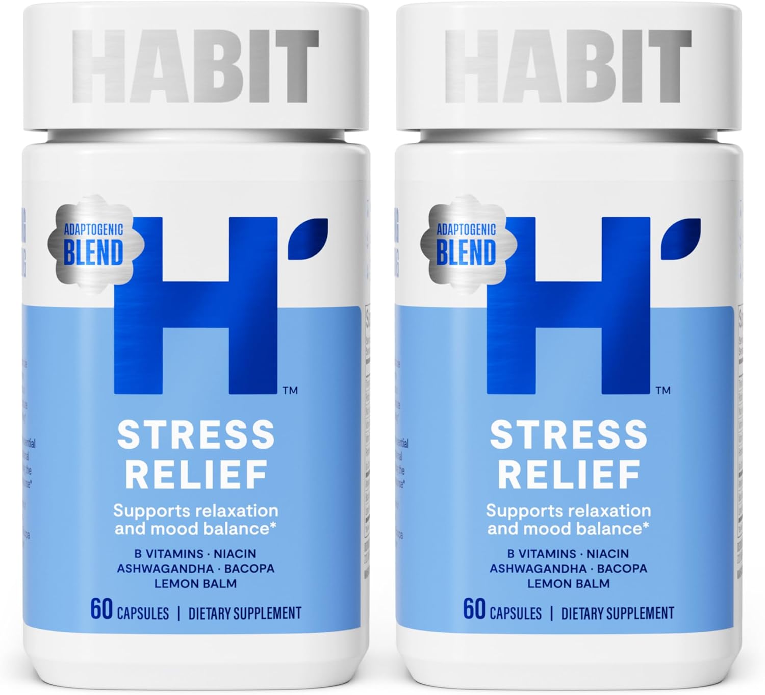 Habit Stress Relief Supplement 2 Pack (120 Capsules) - New Look, Supports Relaxation & Mood Balance, Vitamin B, Adaptogens, Lemon Balm, Calming, Vegan, Non-Gmo