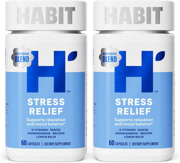 Habit Stress Relief Supplement 2 Pack (120 Capsules) - New Look, Supports Relaxation & Mood Balance, Vitamin B, Adaptogens, Lemon Balm, Calming, Vegan, Non-Gmo