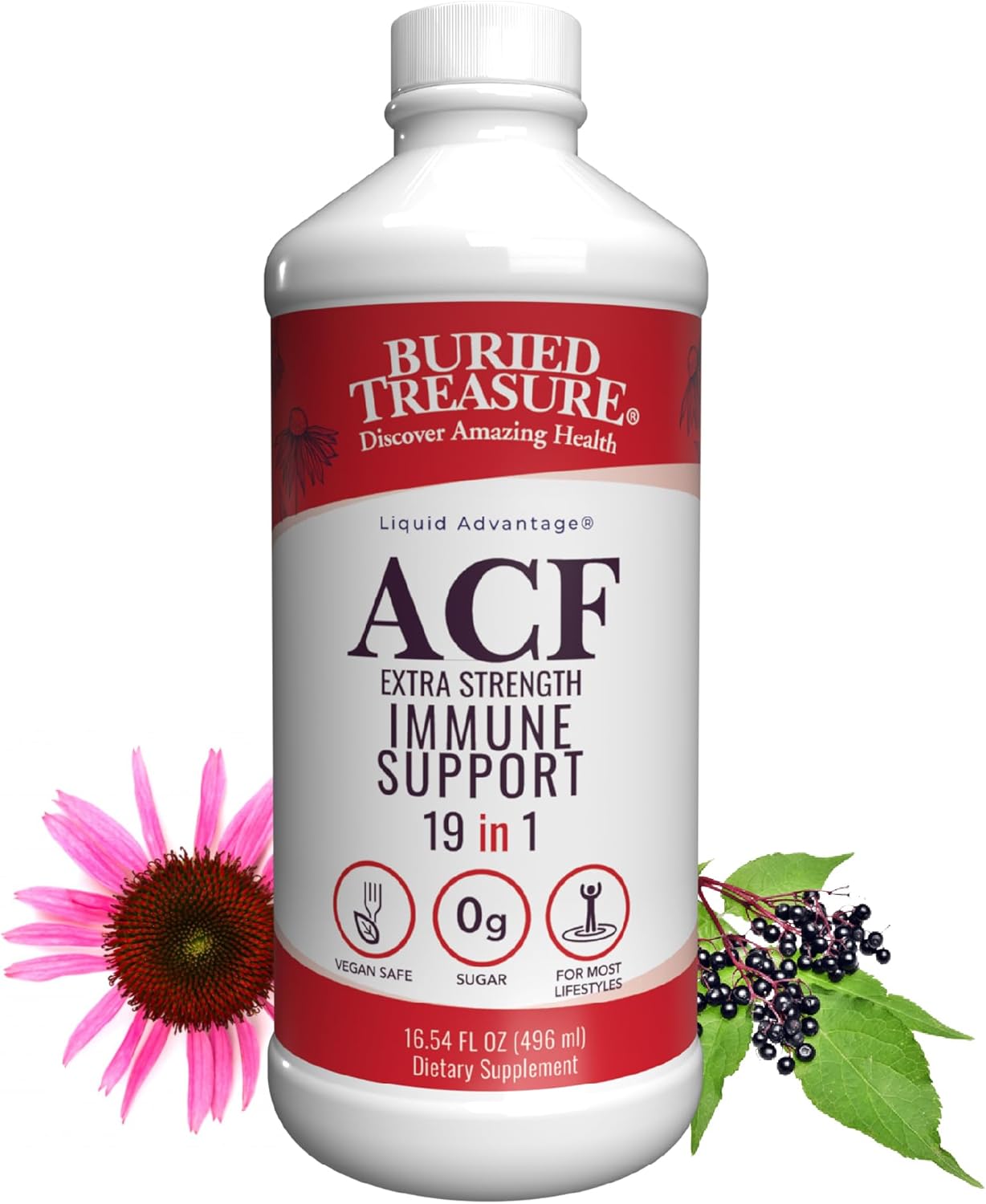 Buried Treasure Acf Extra Strength Immune Support - 16 Oz, 16 Servings, Liquid Dietary Immunity Boost W/ Elderberry, Vitamin C & Zinc, Herbal Formula