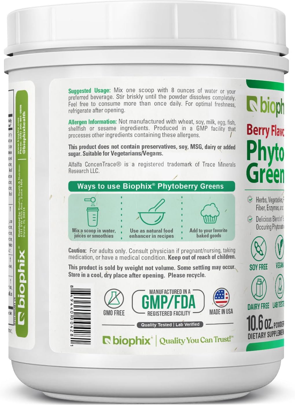 Biophix Phytoberry Greens Superfood Powder 10.6 Oz - Natural Berry Flavor Greens Vegetables Fruits Fiber Probiotics Smoothie Shake Nutrition Drink