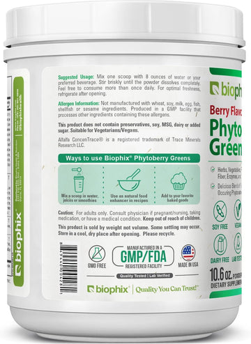 Biophix Phytoberry Greens Superfood Powder 10.6 Oz - Natural Berry Flavor Greens Vegetables Fruits Fiber Probiotics Smoothie Shake Nutrition Drink