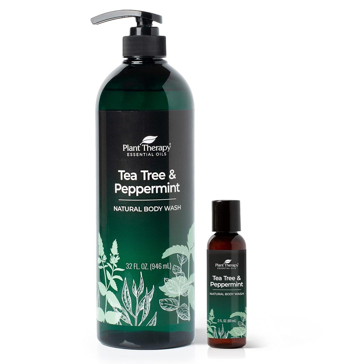 Plant Therapy Tea Tree and Peppermint Essential Oil Natural Body Wash w/pump 32 oz with 2oz Travel Size, For all Skin Types, Sulfate Free Body Wash, For Men or Women