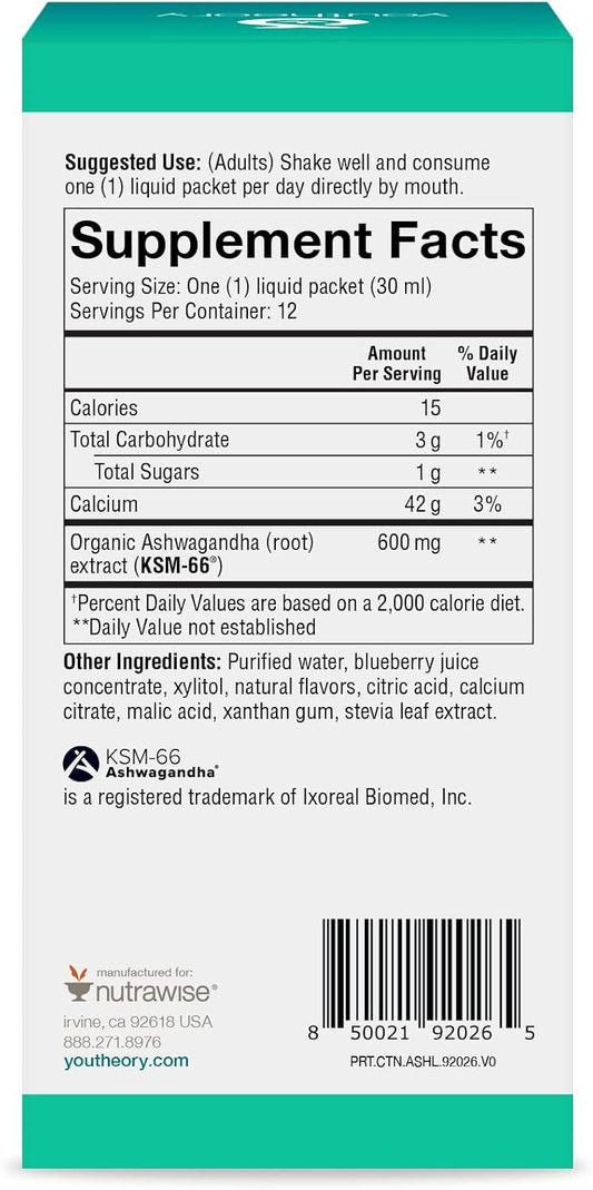 Youtheory Ashwagandha Liq Blueberry avor, 12 Single Serving Packets