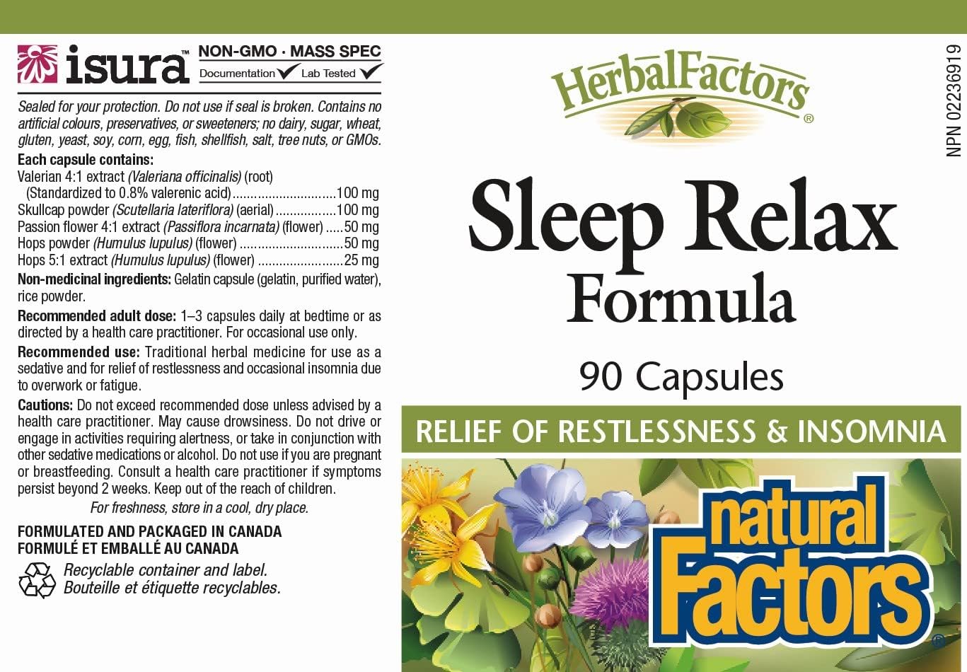 Herbal Factors Sleep Relax Formula by Natural Factors, Natural Sleep Aid with Valerian Root, Passion ower and Skullcap, Non-GMO, 90 capsules (90 servings)