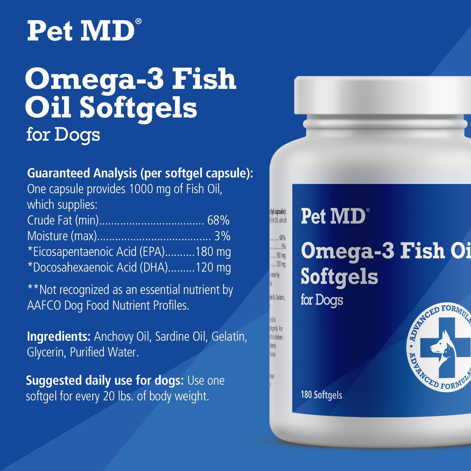 Pet MD – Omega 3 Fish Oil Supplement for Dogs – Skin and Coat Support for Dogs – 180 Softgels : Pet Supplies