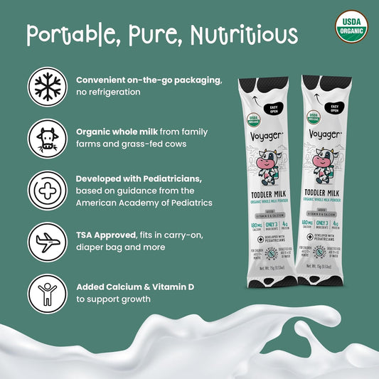 Voyager Toddler Milk On The Go, USDA Organic Shelf Stable Whole Milk Powder, Great for Travel, No Refrigeration, Gluten Free with No GMO's and No Antibiotics for Kids, 16 Sachets of 15g