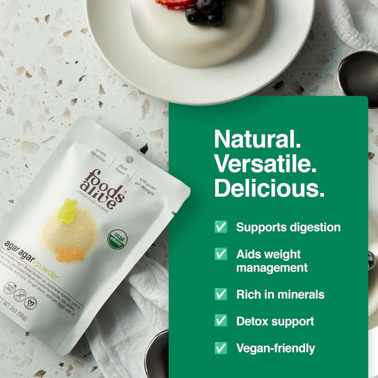 Foods Alive Organic Agar Agar Powder | 2 Oz | Plant Based Gelatin | Kosher Gelatin | Vegan | Gluten Free