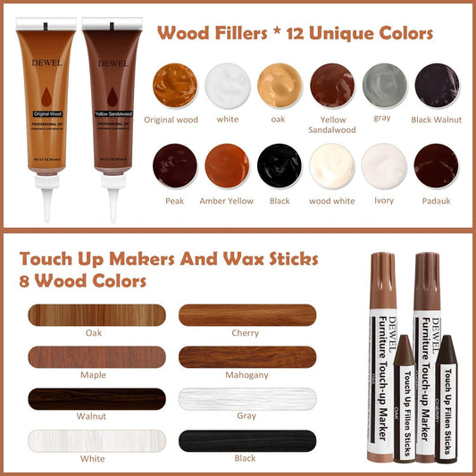 DEWEL Wood Furniture Repair Kit, New Upgrade Wood Fillers, Furniture Touch Up Markers, Wax Sticks, Wood Putty with Beeswax for Cracks, Wood Hole, Scratches, Floor, Table, Door