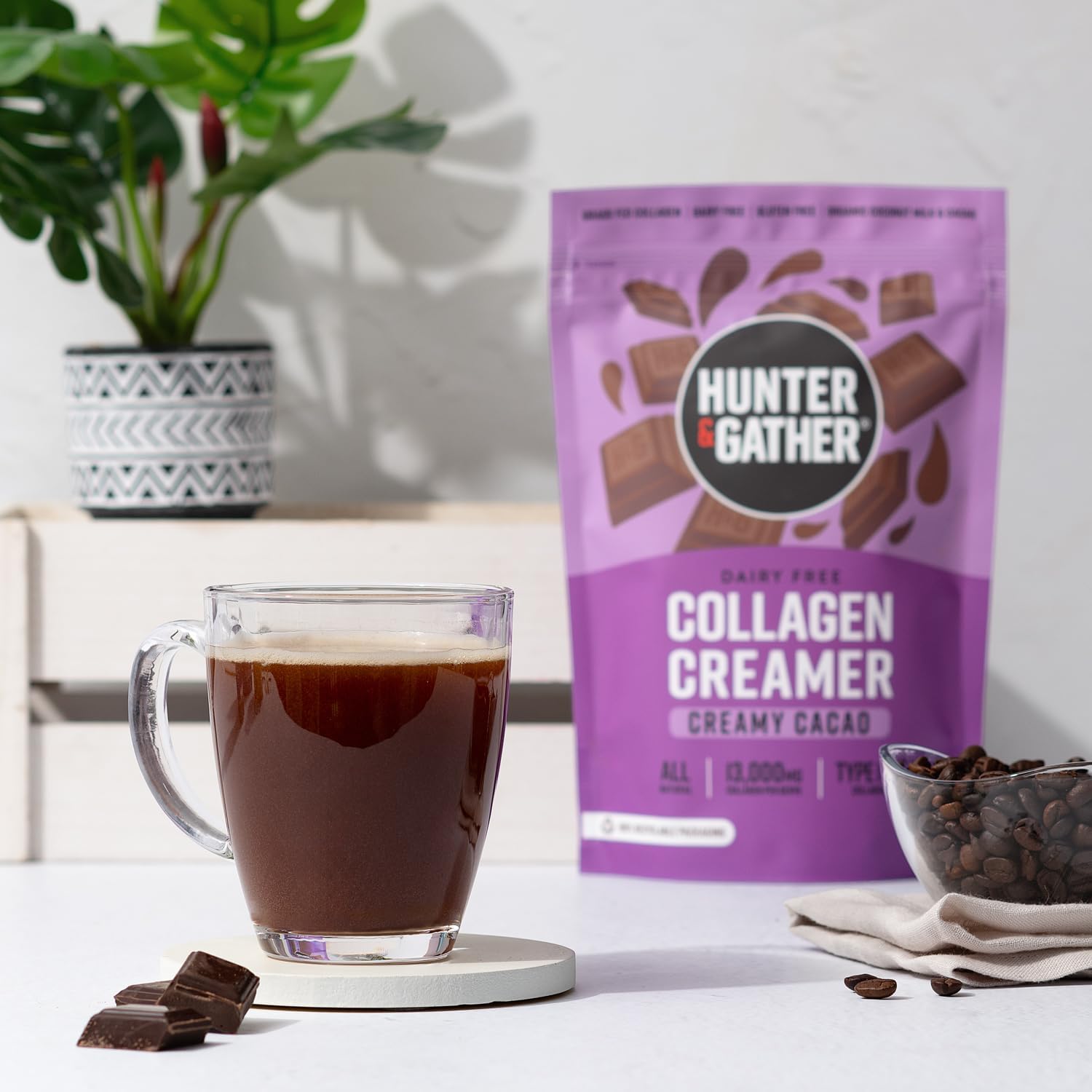 Hunter & Gather Collagen Creamer for Coffee I Creamy Cacao I 300g I Grass Fed Type 1 & Type 3 Bovine Collagen Peptides I Dairy Free I 13,000mg per Serve I Support Hair, Skin, Nails, Muscles : Amazon.co.uk: Health & Personal Care