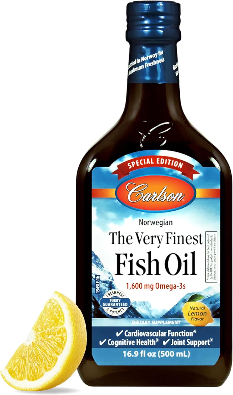 Carlson - The Very Finest Fish Oil, Special Edition, 1600 Mg Omega-3S, Liquid Supplement, Norwegian Fish Oil, Wild-Caught, Sustainably Sourced Liquid, Lemon, 500 Ml (16.9 Fl Oz)