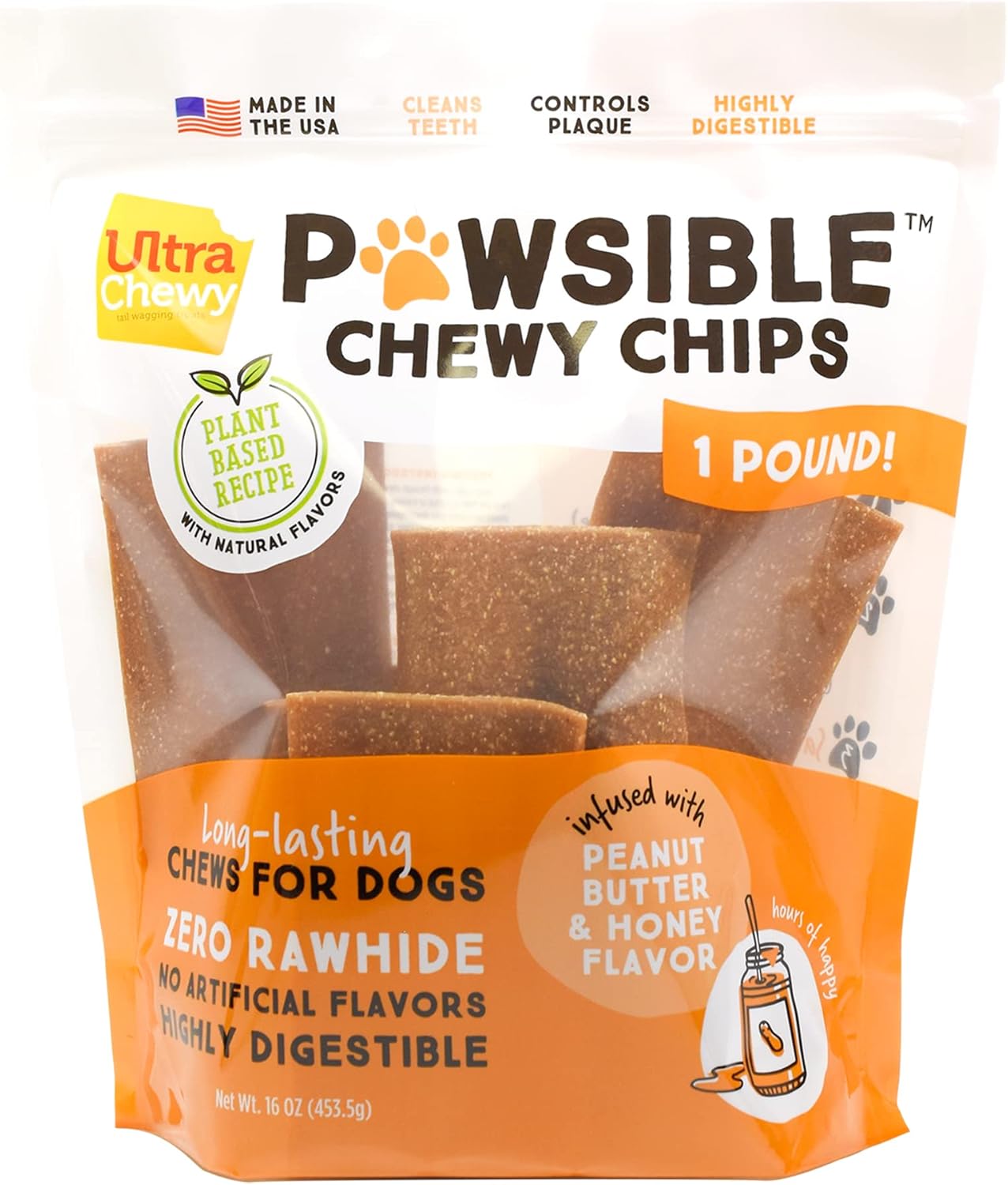 Ultra Chewy Pawsible Chewy Chips Peanut Butter & Honey Dog Treats. Made In The Usa, Healthy Treats, Easy To Digest, Promotes Dental Health (Chips 1 Lb)