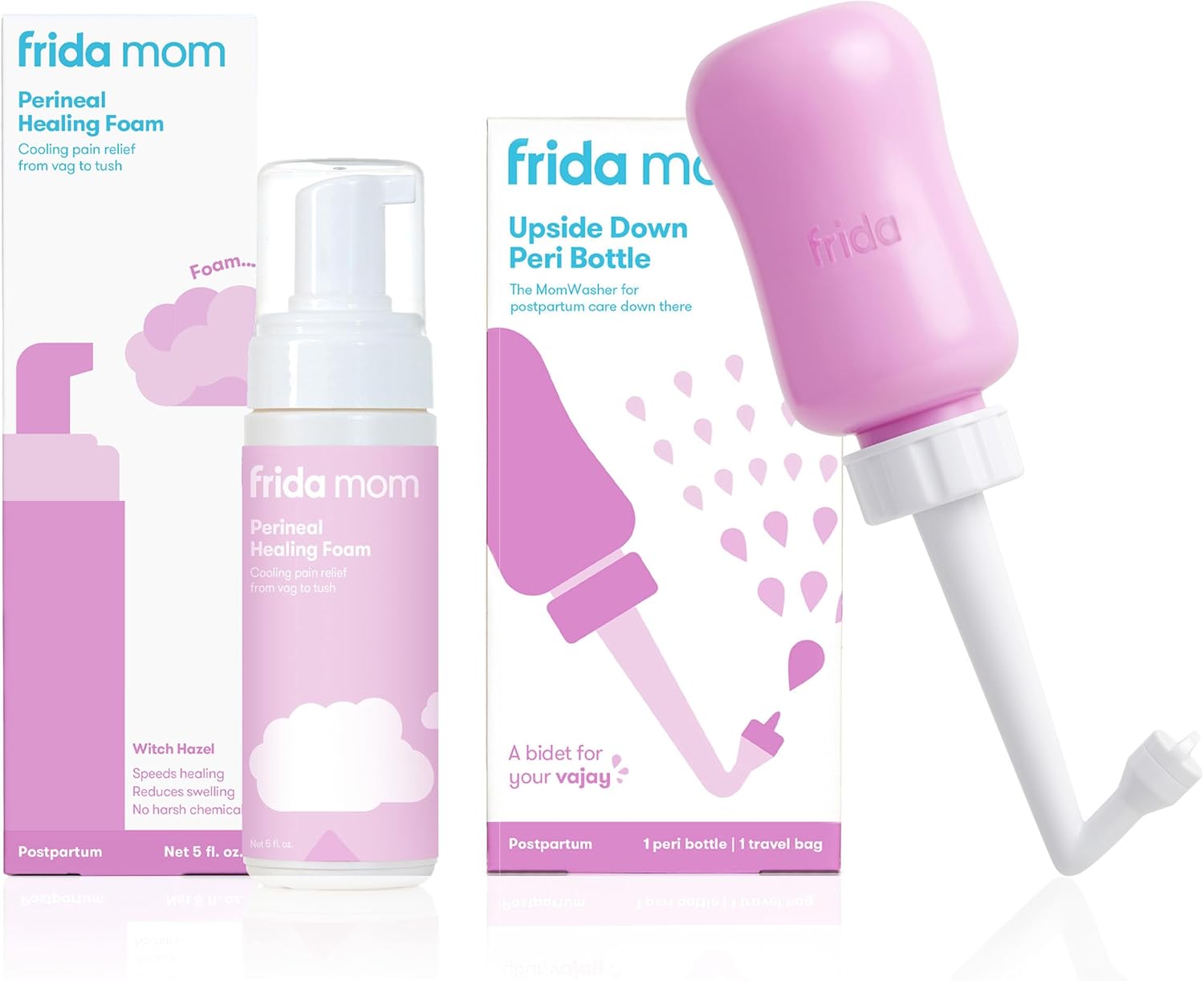 Frida Mom Upside Down Peri Bottle + Perineal Medicated Witch Hazel Healing Foam For Postpartum Care, Perineal Recovery And Cleansing After Birth