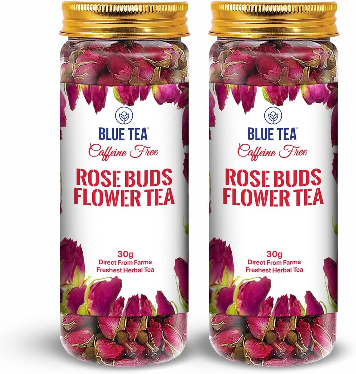 Blue Tea - Rose Buds Tea - Loose - 2.11 Oz (Pack Of 2) - 60 Cups | Chemical-Free | Rich In Vitamin-C | Beautiful Hair & Skin - Caffeine Free - 100% Natural - Flower Based - Herbal Tea | Recycled Pet Jar