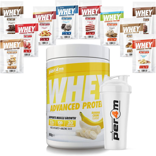 Per4M Advanced Whey Protein Powder | 30 Serving Low Sugar Protein Shake With Amino Acids | Perfect For Your Gym Bag And Travel | Shaker & 5 Mixed Selection Sachets (900G, Chocolate Mochaccino)