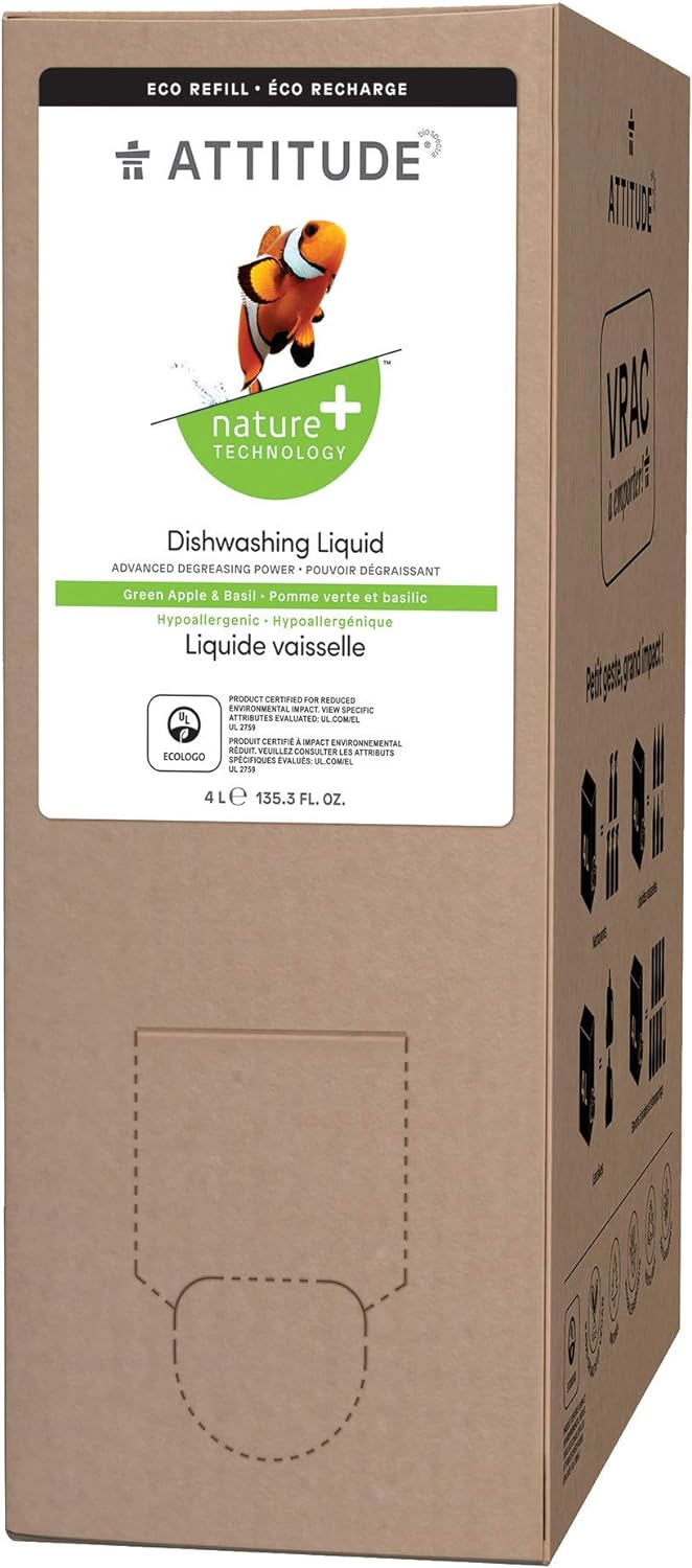 ATTITUDE Dishwashing Liquid, EWG Verified, Vegan Dish Soap, Plant Based, Naturally Derived Products, Green Apple and Basil, Bulk Refill, 135.3 Fl Oz