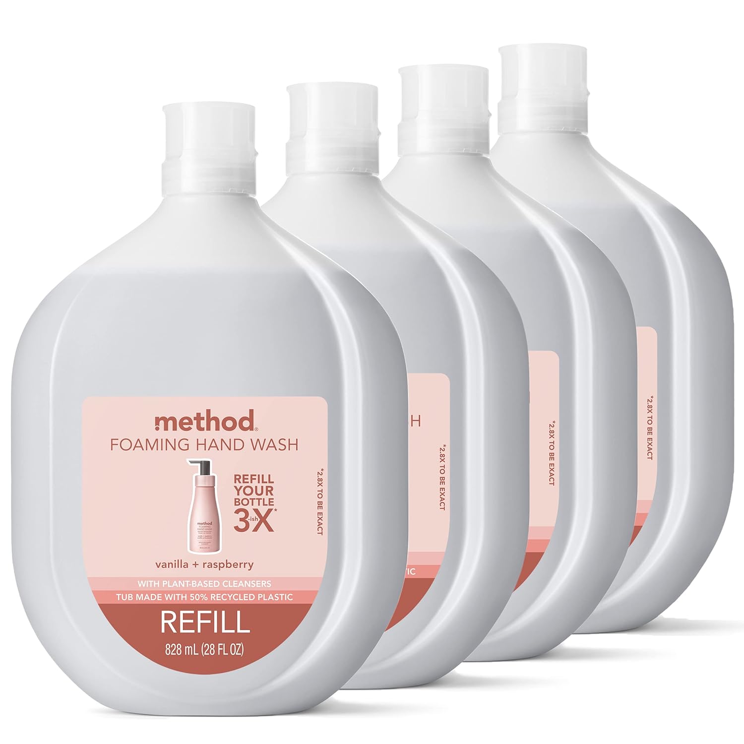 Method Premium Foaming Hand Wash Refill, Vanilla + Raspberry, Recyclable Bottles, Biodegradable Formula, 28 fl oz (Pack of 4)