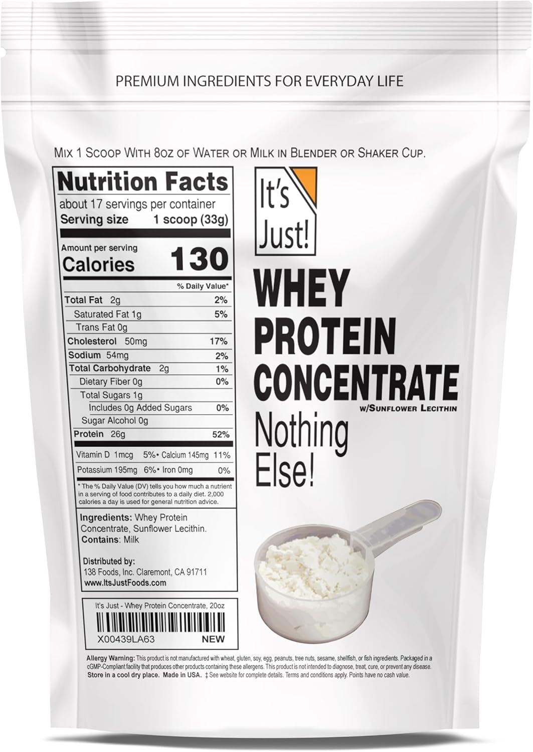 It's Just! - 100% Whey Protein Concentrate, Made in USA, Premium WPC-80, No Added Flavors or Artificial Sweeteners (Original/Unflavored, 20oz) : Health & Household