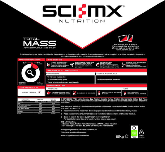 Sci-Mx Total Mass - Advanced Muscle Mass Gainer Protein Powder - Muscle Growth & Weight Gain In Vanilla • 32G Protein + 480 Calories Per Serving • Non-Gmo • 2Kg