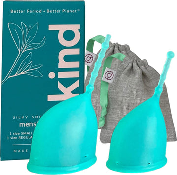 Kind Cup | Menstrual Cups | Period Cup | Easy to use | Comfortable | Soft | Long Stem | Curved | Ergonomic | High Cervix | Low Cervix | Eco Friendly Products | USA (Small/Regular) (Duo, Aqua)