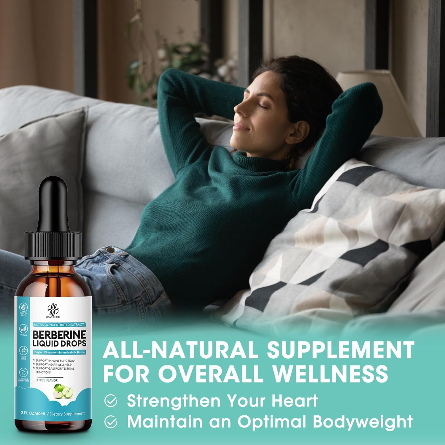 Imatchme Berberine Hcl, 6-In-1 Berberine Complex Liquid Drop For Cardiovascular Care & Body Management, Berberine With Ceylon Cinnamon, Antioxidant & Heart Health Support, Apple Flavor, 2 Fl Oz : Health & Household