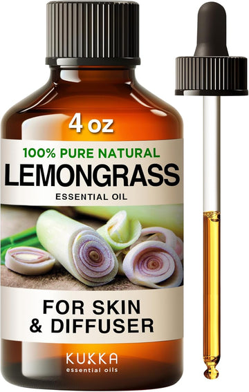 Kukka Lemongrass Essential Oil For Skin - 4 Fl Oz - 100% Pure Natural Essential Oils Lemongrass Oil For Diffuser - Cleansing & Nourishing Lemongrass Oil Essential Oil For Hair Soap Making Scent