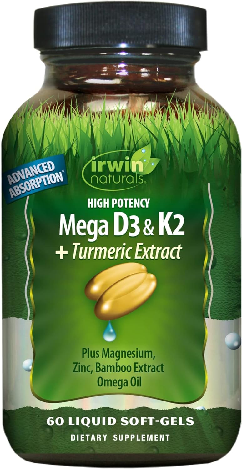 Irwin Naturals High Potency Mega D3 & K2 + Turmeric Extract for Healthy Bones, Immune Function & Positive Mood - Advanced Absorption with Magnesium, Turmeric, Bamboo & Omega Oil - 60 Liquid Softgels