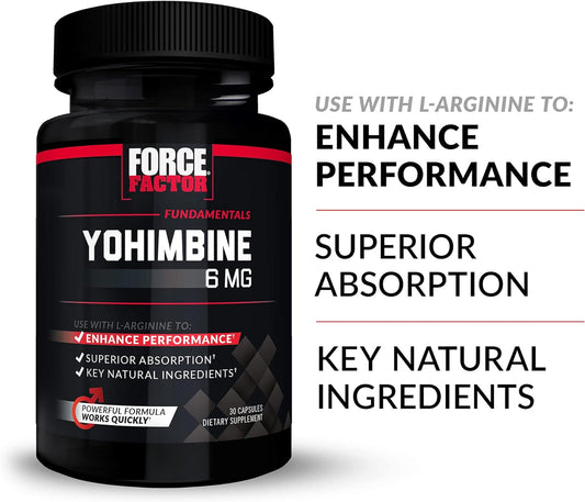 Force Factor Yohimbine Supplement for Men, Yohimbe Bark Extract with Superior Absorption to Enhance Performance, 6mg Yohimbine Bark Pills with Key Natural Ingredients, Works Fast, 30 Capsules