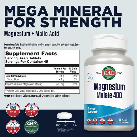 Kal Magnesium Malate 400Mg, Chelated Magnesium Supplement With Malic Acid, Healthy Energy & Muscle Function Support, Enhanced Absorption, Vegan, Non-Gmo, 45 Servings, 90 Veg Tabs