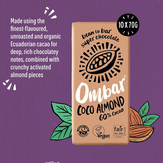 Vegan Chocolate - Ombar Coco Almond 60% Cacao Dark Chocolate (70G X 10 Bars) Organic, Fair Trade, Dairy Free And Gluten Free Chocolate