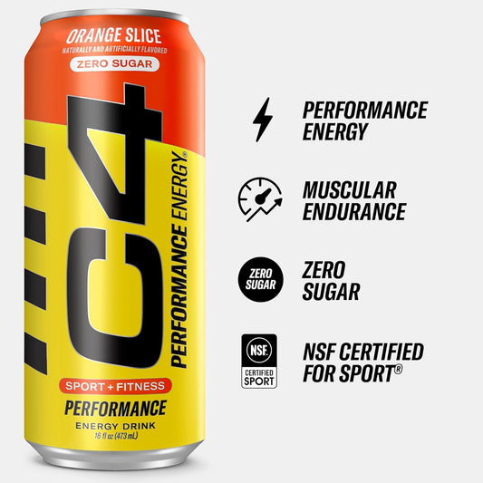 C4 Energy Carbonated Zero Sugar Energy Drink, Pre Workout Drink + Beta Alanine, Orange Slice, 16 Fl Oz (Pack Of 12)