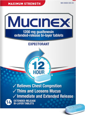 Mucinex 12 Hour Maximum Strength 1200 Mg Guaifenesin Extended-Release Tablets For Excess Mucus Relief, Expectorant Aids Excess Mucus Removal, Chest Congestion Relief, 14 Tablets