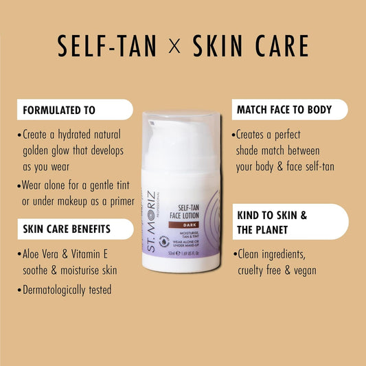 St Moriz Professional Dark Self Tan Face Lotion | With Aloe Vera & Vitamin E For Gradual Face Tan & Natural Glow | Vegan Fake Tan For Face | Wear Alone Or Under Makeup | No Wash Off Required | 50Ml