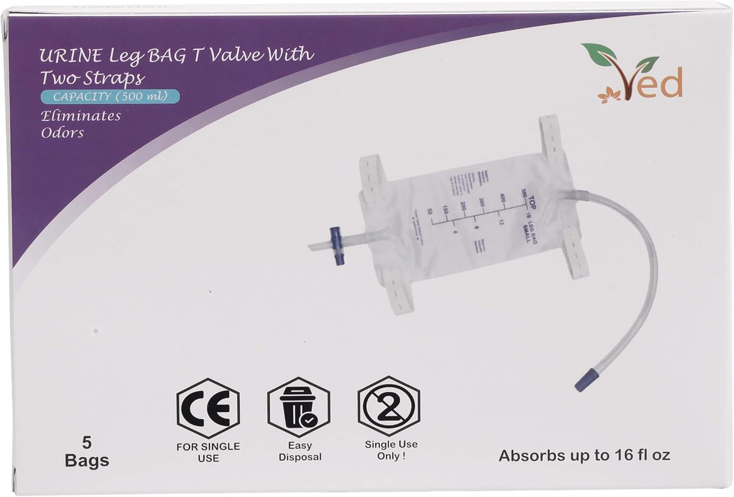 Ved Urine Pvc Leg Bag, T Valve With Two Straps And A Natural Leg-Shape Design,500 Ml (Pack Of 5)