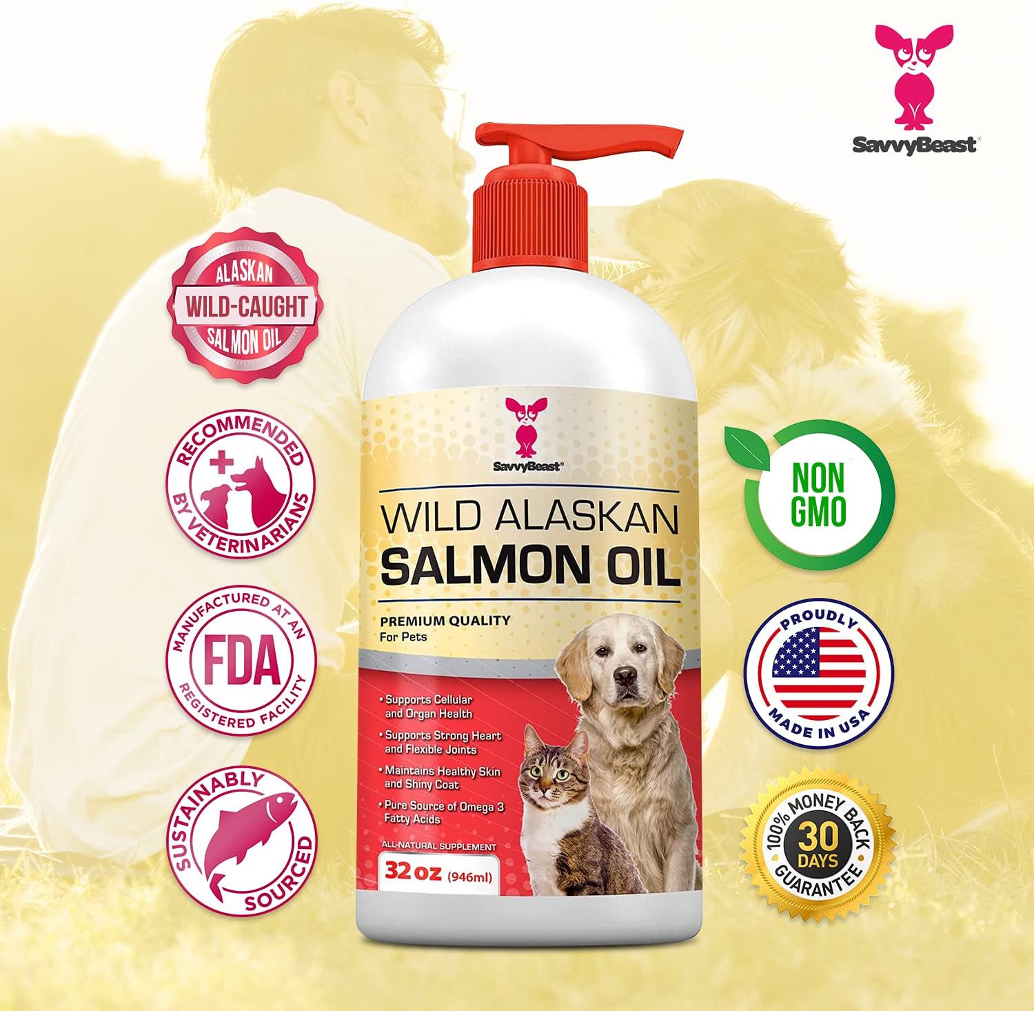 Pure Wild Alaskan Salmon Oil for Dogs, Cats, Ferrets - 32 oz Liquid Omega 3 Fish Oil, Pump on Food - Unscented All Natural Supplement for Skin and Coat, Joints, Heart, Brain, Allergy, Weight, Immune : Pet Supplies