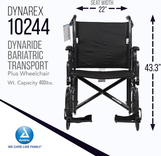 Dynarex Dynaride Bariatric Transport Plus Wheelchair, Has A 22” X 18” Seat And A Reinforced Steel Frame & 450 Pound Weight Capacity, Silver, 1 Dynaride Bariatric Transport Plus Wheelchair