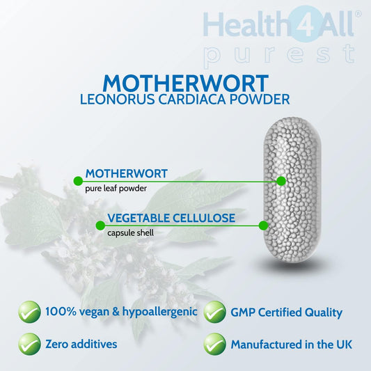 Heath4All Motherwort 400Mg, 60 Capsules 2 Months Supply, Anxiety, Stress And Heart Health Supplement, Purest Vegan Herbal Capsules (Not Tablets Nor Tincture), Nervine Tonic | Made In Uk