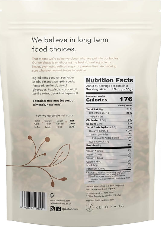Keto Hana Keto Nut Granola (11Oz), Vanilla & Pink Himalayan Salt- Low Carb, Low Calorie, High Protein (2G Net Carbs)