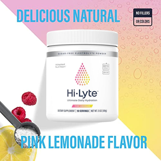 Hi-Lyte Electrolytes Powder, Pink Lemonade Daily Hydration Supplement Drink Mix, 90 Servings | Sugar-Free, 0 Calories, 0 Carbs | No Maltodextrin. Gluten-Free | Supports Keto | Light Refreshing Flavor