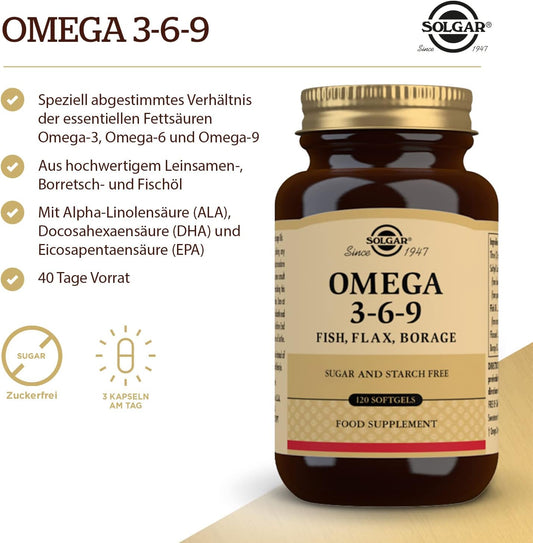 Solgar 1300 Mg Omega 3-6-9, 120 Softgels - Fish Oil Supplement - Support For Heart, Joint & Skin Health - Includes Flaxseed & Borage - Contains Epa & Dha - Omega 3 Fatty Acids - 40 Servings