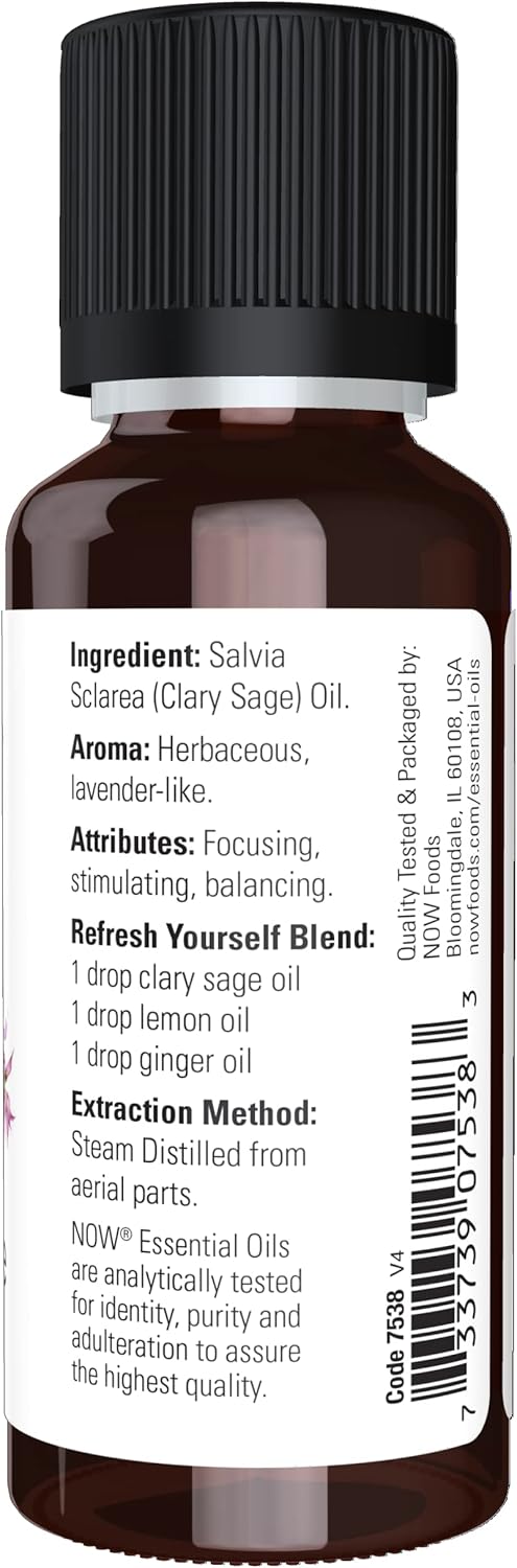 NOW Essential Oils, Clary Sage Oil, Focusing Aromatherapy Scent, Steam Distilled, 100% Pure, Vegan, Child Resistant Cap, 1-