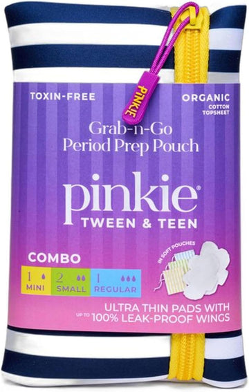 First Period Pinkie Prep - Pouch with 4 Ultra Thin Organic Cotton Topsheet Pads - Mini, Small and Regular Size Pads w/Wings - Grab-n-Go Period Travel Kit - Fragrance and Chlorine-Free Pads