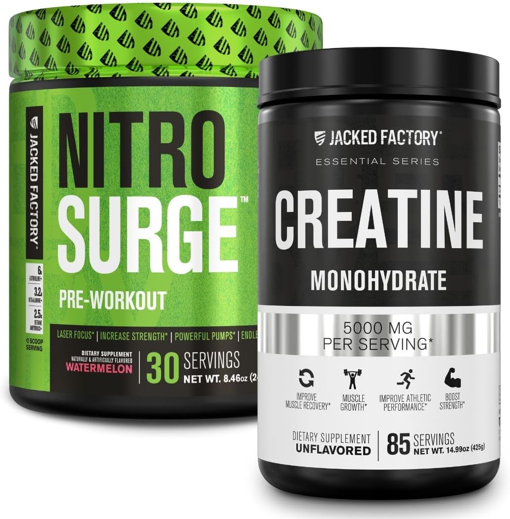 Nitrosurge Pre-Workout & Creatine Monohydrate - Pre Workout Powder With Creatine For Muscle Growth, Increased Strength, Endless Energy, Intense Pumps - Watermelon Preworkout & Unflavored Creatine