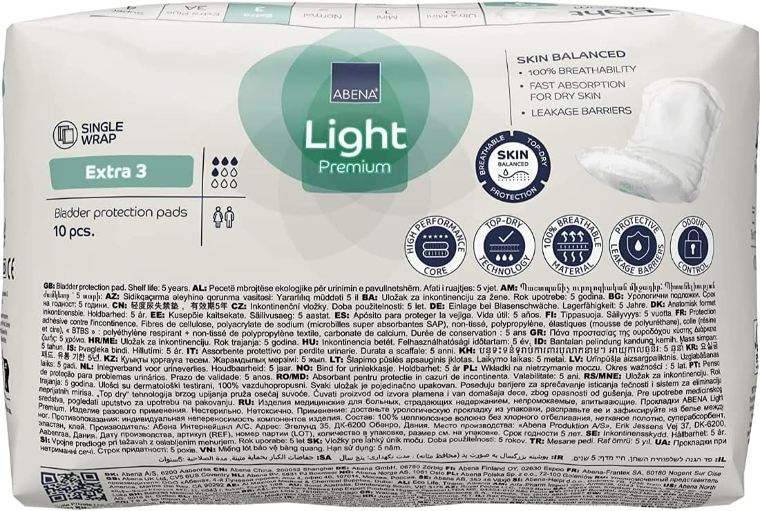 Abena Light Incontinence Pads, Eco-Labelled Women's Incontinence Pads Adults, Breathable & Comfortable With Fast Absorption & Protection, Incontinence Pads Women - Light Extra 3, 500ml, 10PK : Amazon.co.uk: Health & Personal Care