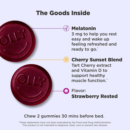 Olly Muscle Recovery Sleep Gummies, Sleep And Sore Muscle Support, 3Mg Melatonin, Tart Cherry, Vitamin D, Berry Flavor - 40 Count